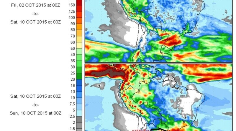 Previsão de precipitação acumulada no período de 02 a 10/10 e de 10 a 18/10/2015