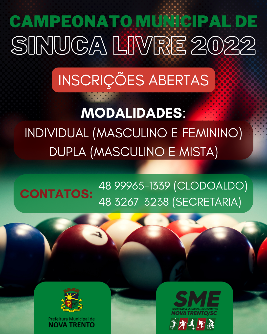 Inscrições para o Campeonato Municipal de Sinuca Livre 2023 seguem abertas  – Prefeitura de Nova Trento
