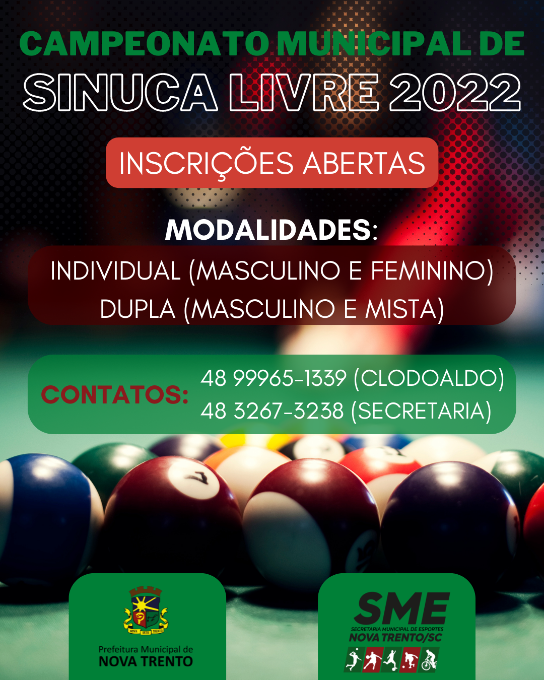 INSCRIÇÕES ABERTAS PARA O CAMPEONATO MUNICIPAL DE SINUCA